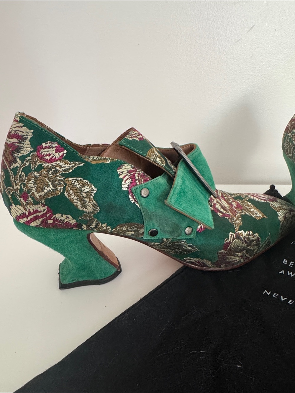 John Fluevog Bishop Green Floral Jaquard Suede Strap Heels - Picture 2 of 8